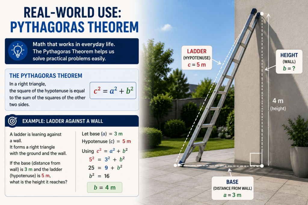 Pythagoras Theorem Examples: 12 Solved Problems (Easy to JEE) 5 Ladder against a wall showing a real-world Pythagoras theorem examples.