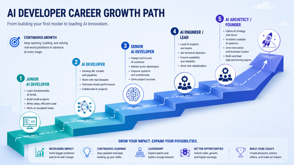 AI Developer Roadmap 2026: 6 Steps to a Job-Ready Career 5 AI developer roadmap career growth from junior to architect level
