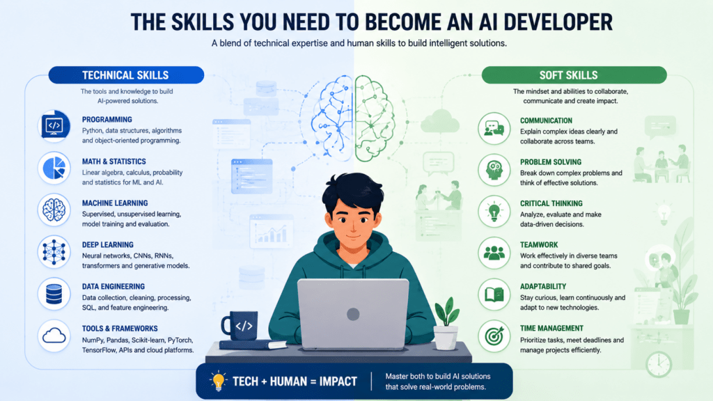 AI Developer Roadmap 2026: 6 Steps to a Job-Ready Career 4 Technical and soft skills needed for an AI developer roadmap career