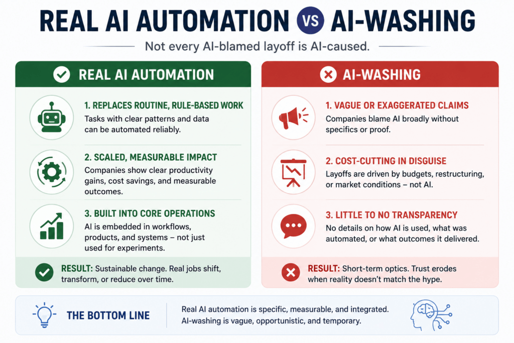 AI Replacing Jobs in 2026: New Data, Shocking Truth 5 AI replacing jobs vs AI-washing comparison graphic