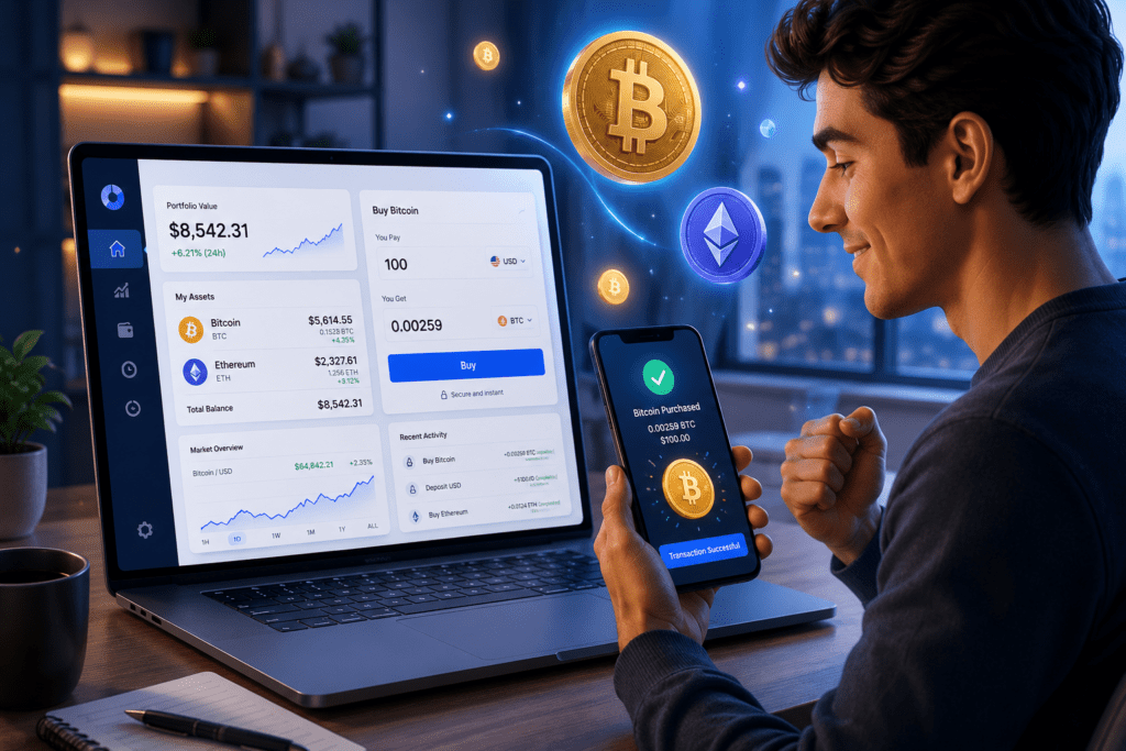 How to Buy Your First Crypto Coin – Step-by-Step Guide for Absolute Beginners in 2026 5 buy first crypto,Beginner purchasing Bitcoin through a modern cryptocurrency trading interface.