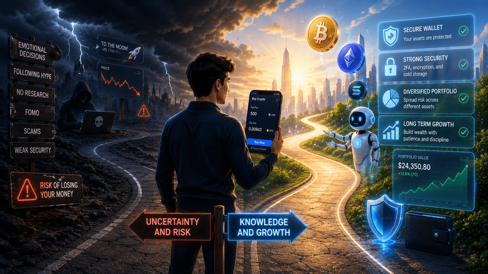 How to Buy Your First Crypto Coin – Step-by-Step Guide for Absolute Beginners in 2026 1 Beginner learning how to buy their first crypto coin safely on a smartphone