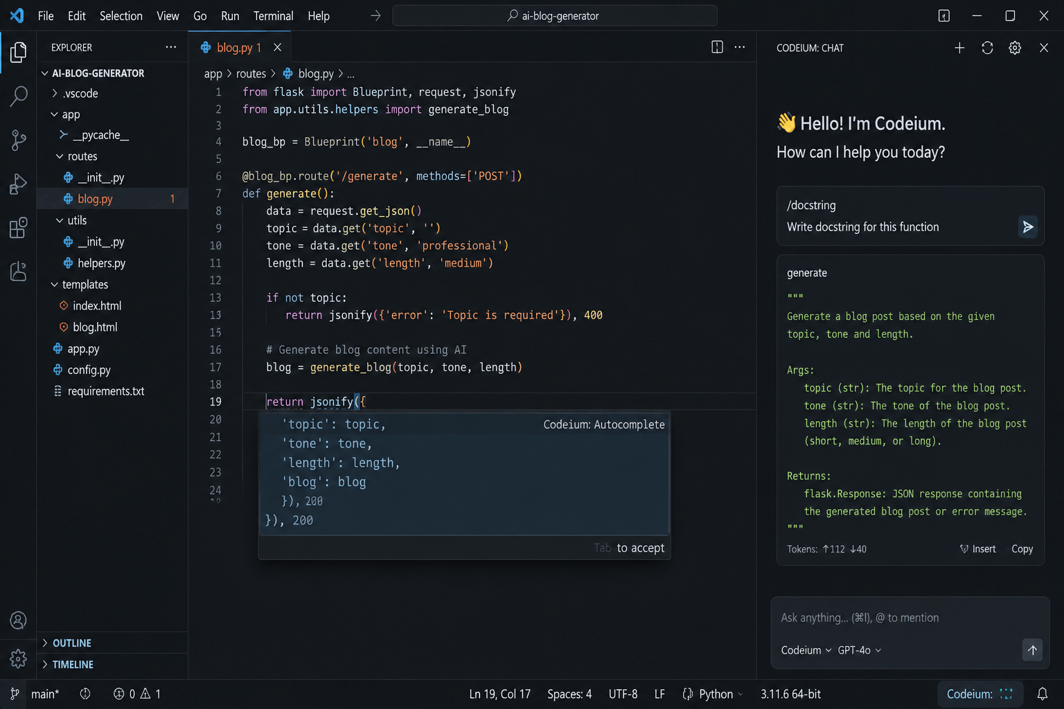 GitHub Copilot vs Cursor vs Codeium: Which AI Coding Assistant Is Worth It in 2026? 6 Codeium autocomplete suggestion in VS Code on a Python project using the free plan