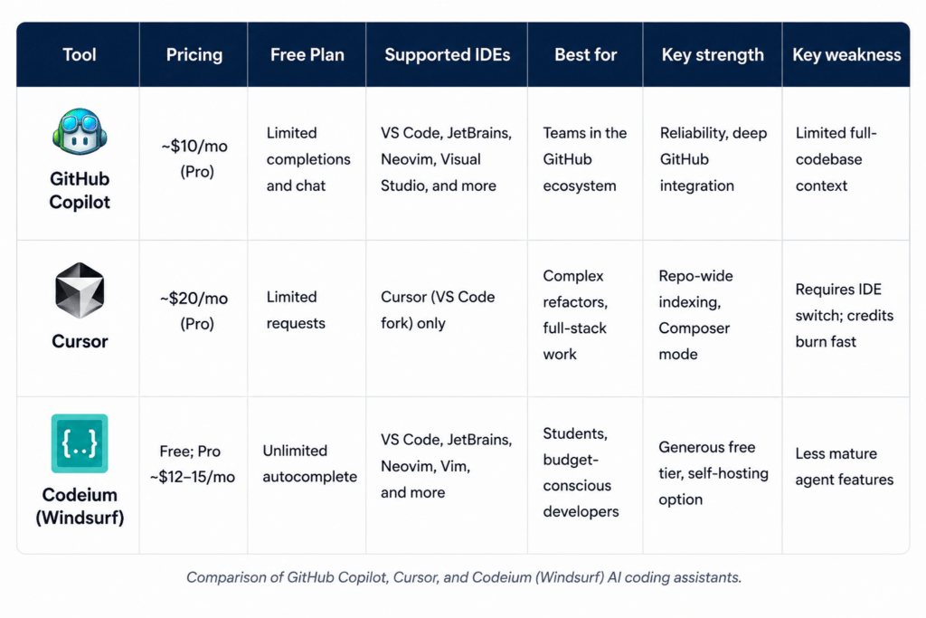 GitHub Copilot vs Cursor vs Codeium: Which AI Coding Assistant Is Worth It in 2026? 3 comparision of github copilot , cursor, and codeium (Windsurf) AI coding assistants