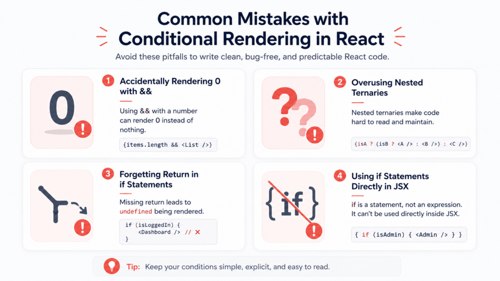 Conditional Rendering in React: Simple ways to master it 4 Illustration of common conditional rendering in React mistakes developers should avoid