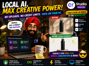 Creative Fabrica Studio Desktop featuring local AI image generation, background removal and image upscaling tools for Etsy, Cricut and print-on-demand creators.