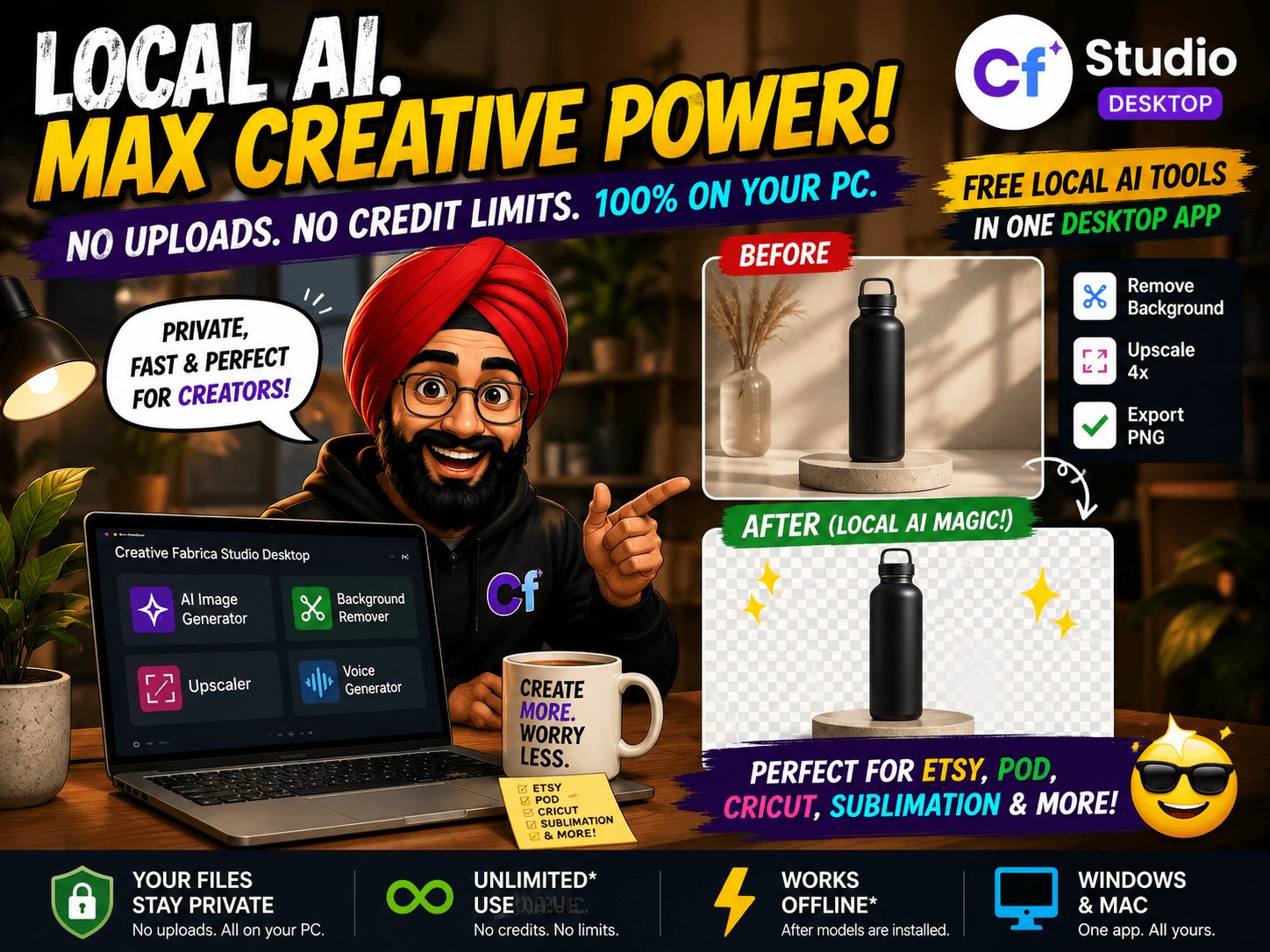 Creative Fabrica Studio Desktop Review: Free Local AI Tools for Etsy, Print-on-Demand & Creators 1 Creative Fabrica Studio Desktop featuring local AI image generation, background removal and image upscaling tools for Etsy, Cricut and print-on-demand creators.