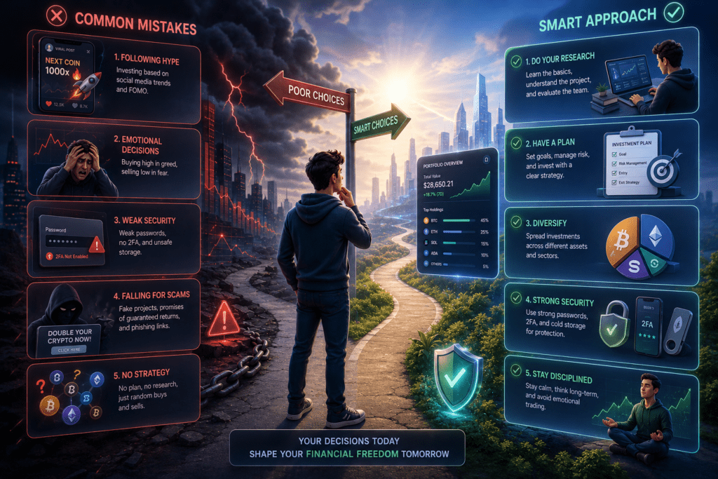How to Buy Your First Crypto Coin – Step-by-Step Guide for Absolute Beginners in 2026 7 Illustration highlighting common mistakes new cryptocurrency investors should avoid.