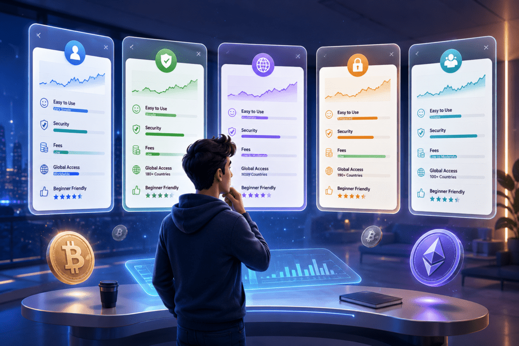 How to Buy Your First Crypto Coin – Step-by-Step Guide for Absolute Beginners in 2026 3 Comparison of beginner-friendly cryptocurrency exchange platforms with security and ease-of-use concepts.