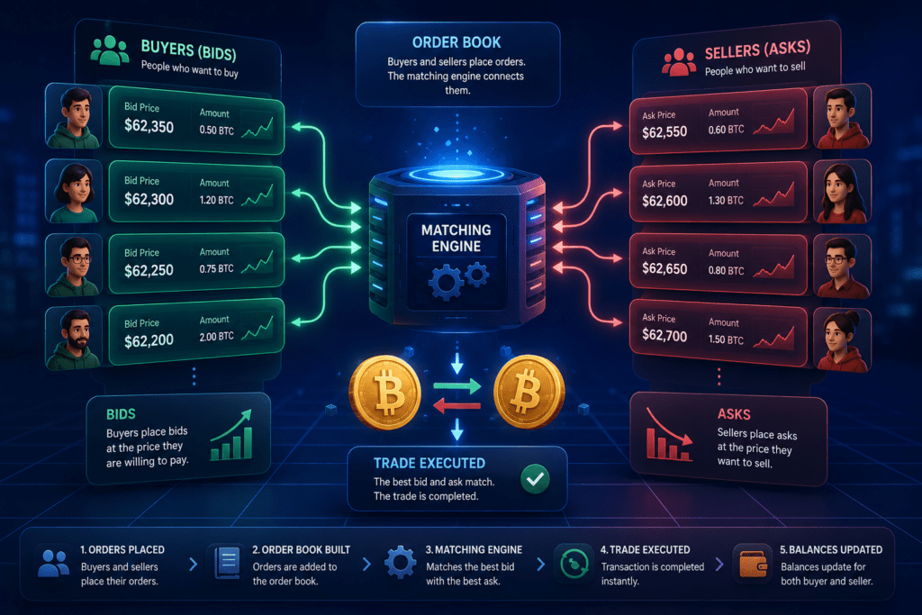 How to Buy Your First Crypto Coin – Step-by-Step Guide for Absolute Beginners in 2026 6 Simple visual explanation of cryptocurrency order books showing buyers and sellers.