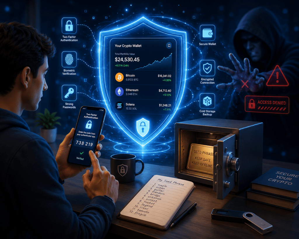 How to Buy Your First Crypto Coin – Step-by-Step Guide for Absolute Beginners in 2026 4 Illustration showing two-factor authentication and secure seed phrase storage for cryptocurrency accounts.