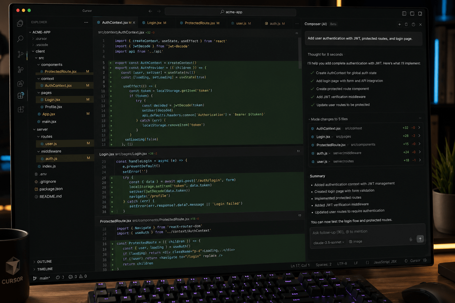 GitHub Copilot vs Cursor vs Codeium: Which AI Coding Assistant Is Worth It in 2026? 5 Cursor Composer mode showing AI-generated multi-file code changes in a full-stack project