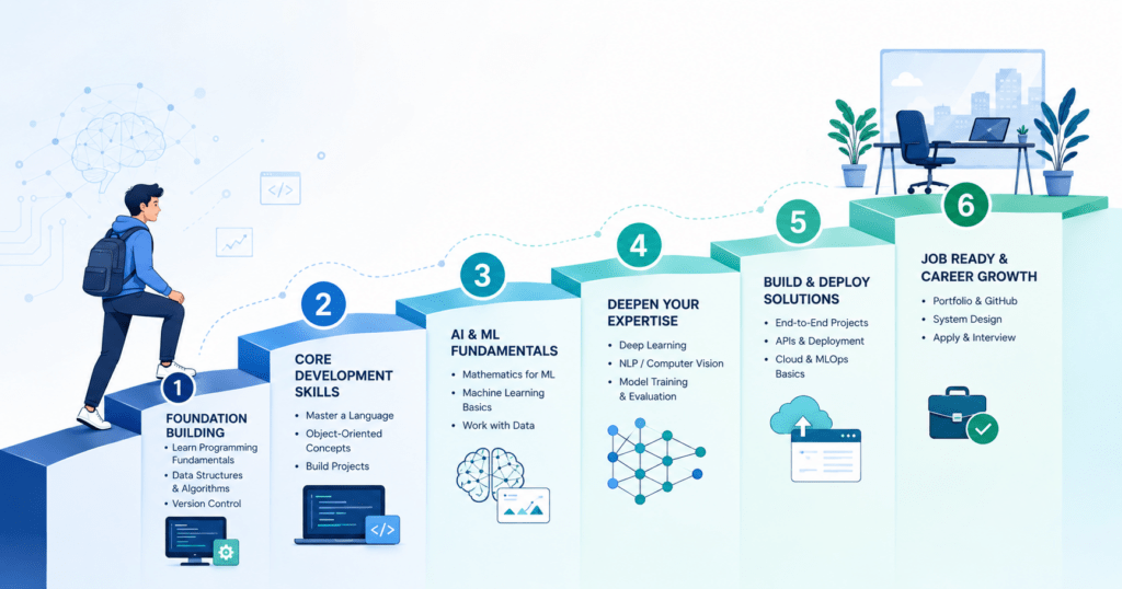 AI Developer Roadmap 2026: 6 Steps to a Job-Ready Career 2 AI developer roadmap 2026 showing six career learning stages