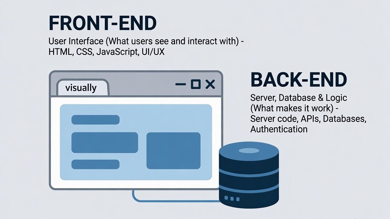 Diagram-style illustration of front-end and back-end web development split