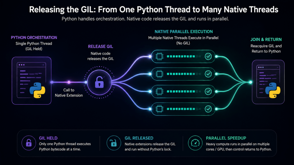  Diagram of Python releasing the GIL to run parallel CUDA threads, Python for AI concept