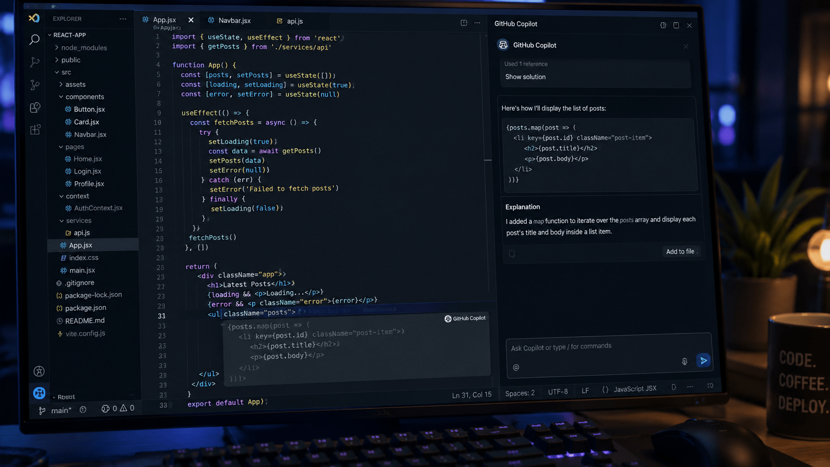GitHub Copilot vs Cursor vs Codeium: Which AI Coding Assistant Is Worth It in 2026? 4 GitHub Copilot autocomplete suggestion appearing in VS Code while writing a React function
