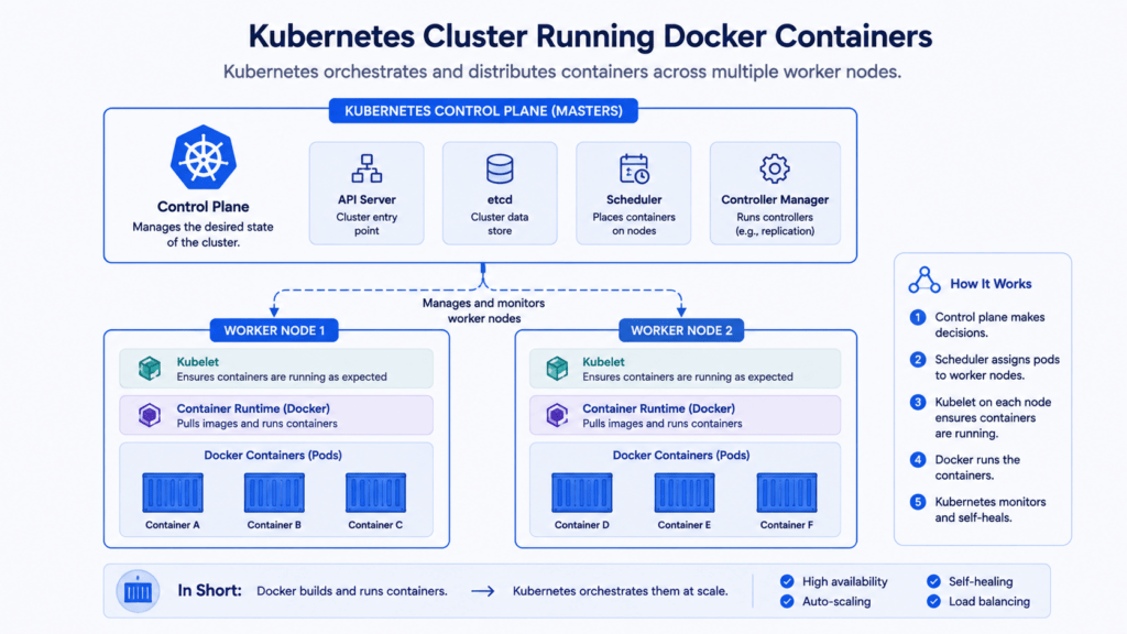 Docker vs Kubernetes: 6 Essential Differences 3 Docker vs Kubernetes diagram of worker nodes running containers