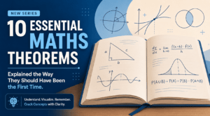Important maths theorems illustrated with geometry, calculus, and probability symbol