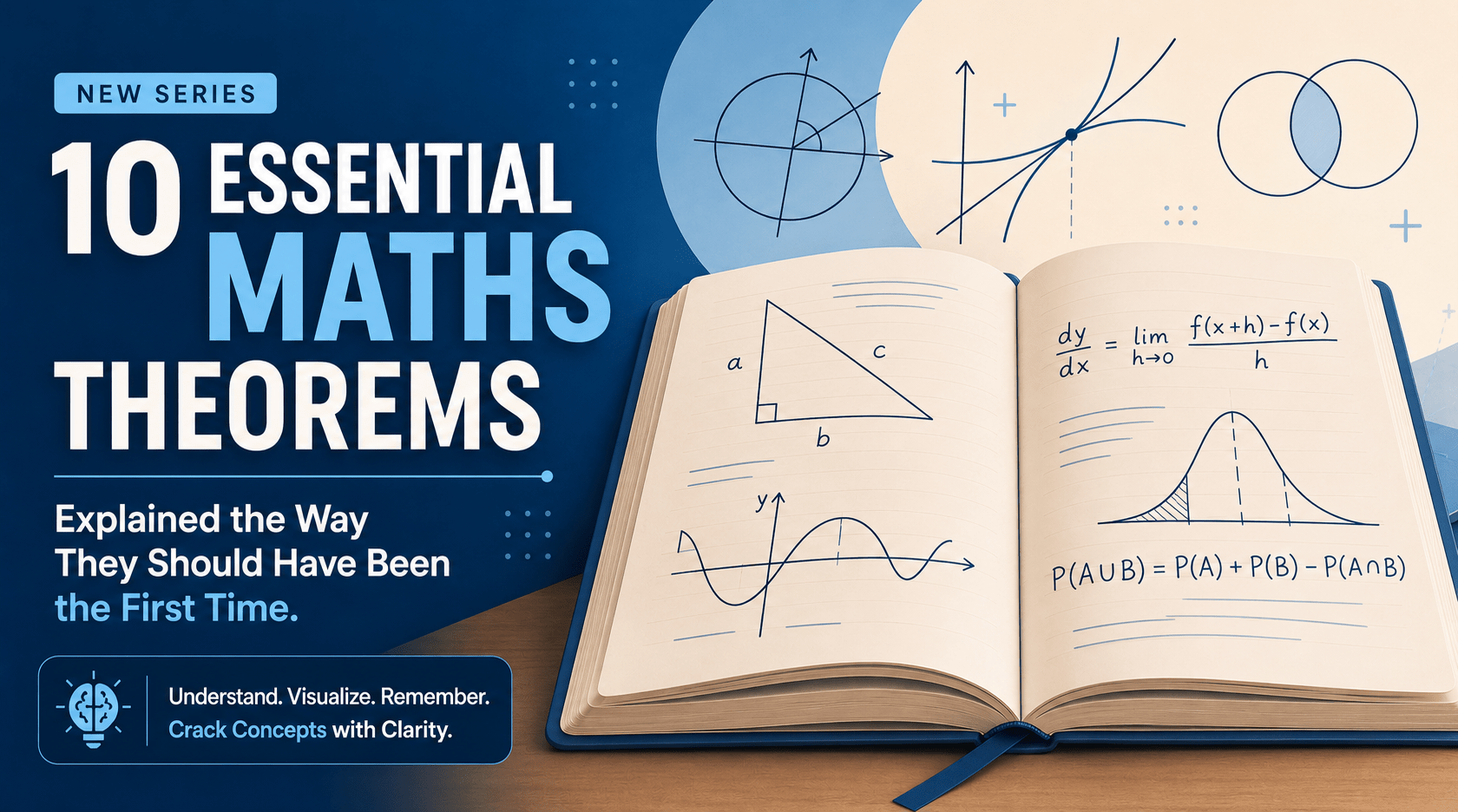 Important maths theorems illustrated with geometry, calculus, and probability symbol