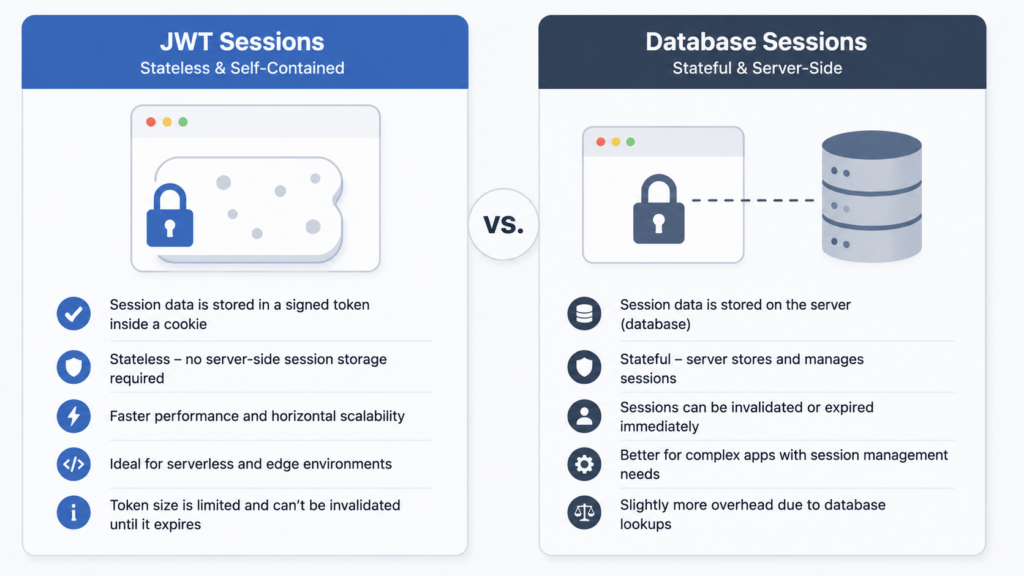 Comparison graphic of JWT and database sessions for Next.js authentication