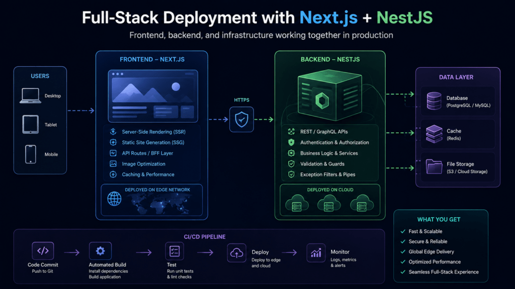Full-stack deployment diagram combining Next.js frontend and NestJS backend