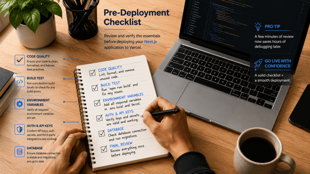 Deploy Next.js to Vercel: 4 Easy Steps for a Smooth Launch 3 Developer reviewing a pre-deployment checklist before Vercel launch
