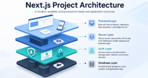 Next.js project architecture diagram showing frontend, server, auth, and database layers