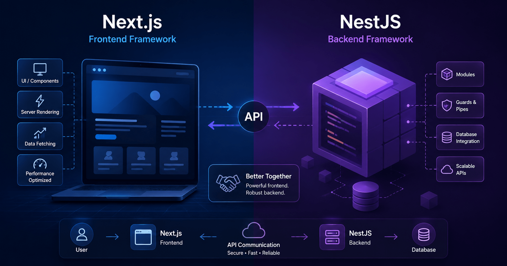 Diagram comparing Next.js vs NestJS architecture side by side