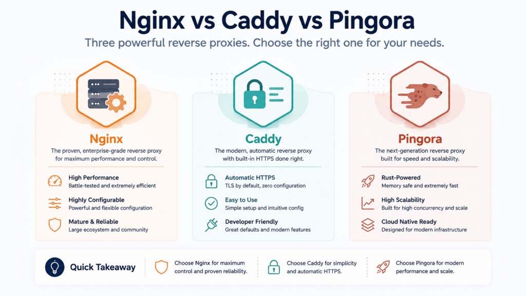 Reverse Proxies & Edge Security Nginx vs. Caddy vs. Pingora (Rust) Explained 5 Side-by-side icons representing Nginx, Caddy, and Pingora reverse proxy tools