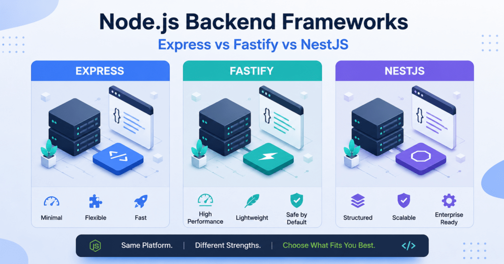The Node.js Backend Framework Ecosystem — Express, Fastify, NestJS, Hono, Meteor & Beyond 5 Decision tree for choosing among Node.js backend frameworks