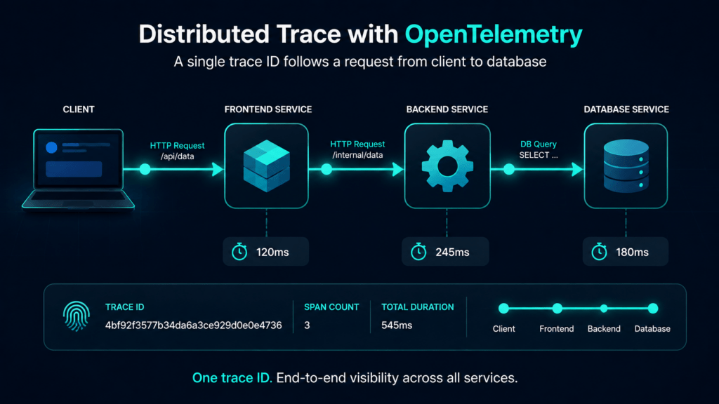Application Monitoring, Log Aggregation, and Error Tracking with Sentry & OpenTelemetry 4 A single trace ID follows a request from client to database