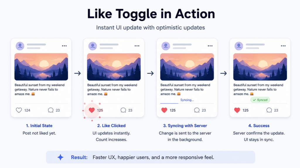 Optimistic UI Updates and Infinite Scroll Pagination 4 TanStack Query optimistic updates shown in a like button UI