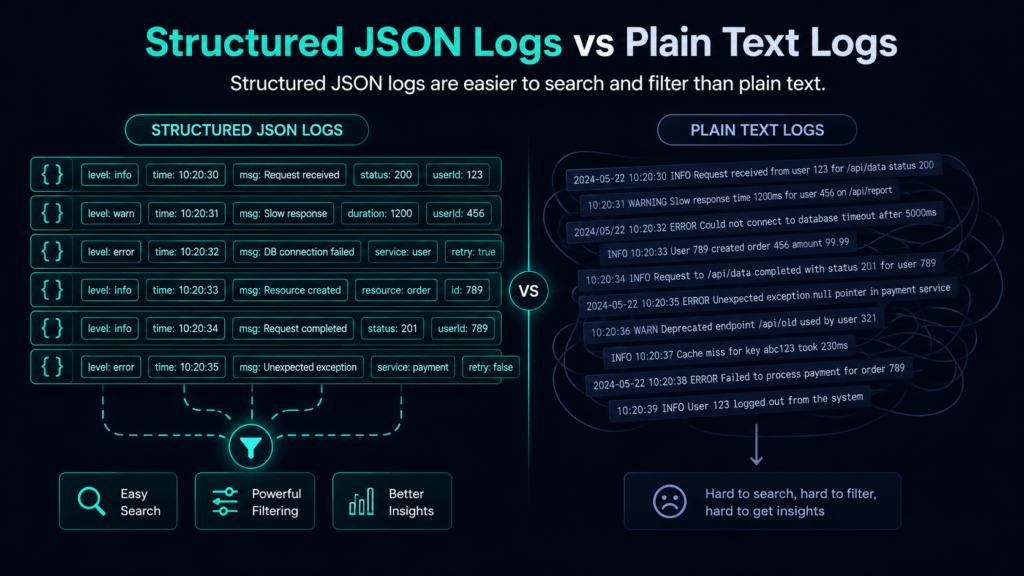 Application Monitoring, Log Aggregation, and Error Tracking with Sentry & OpenTelemetry 5 Structured JSON logs are easier to search and filter than plain text