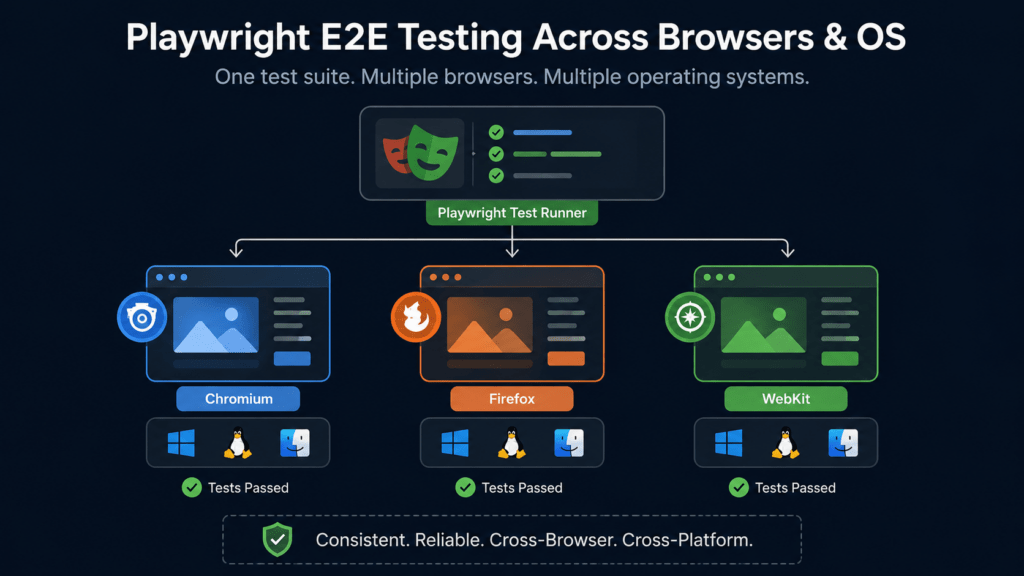 End-to-End (E2E) Automation Testing using Playwright 3 Icons representing Playwright E2E testing across three browser engines