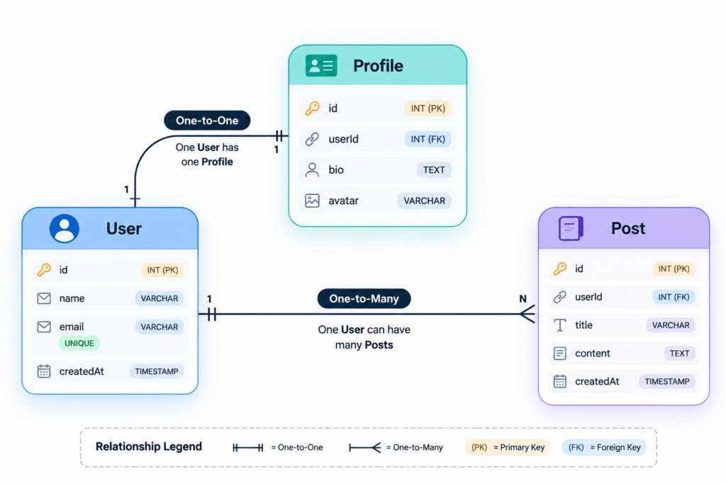 Database Layer with Prisma ORM, PostgreSQL & Migrations in NestJS 4 Entity relationship diagram for User, Profile, and Post in NestJS Prisma"