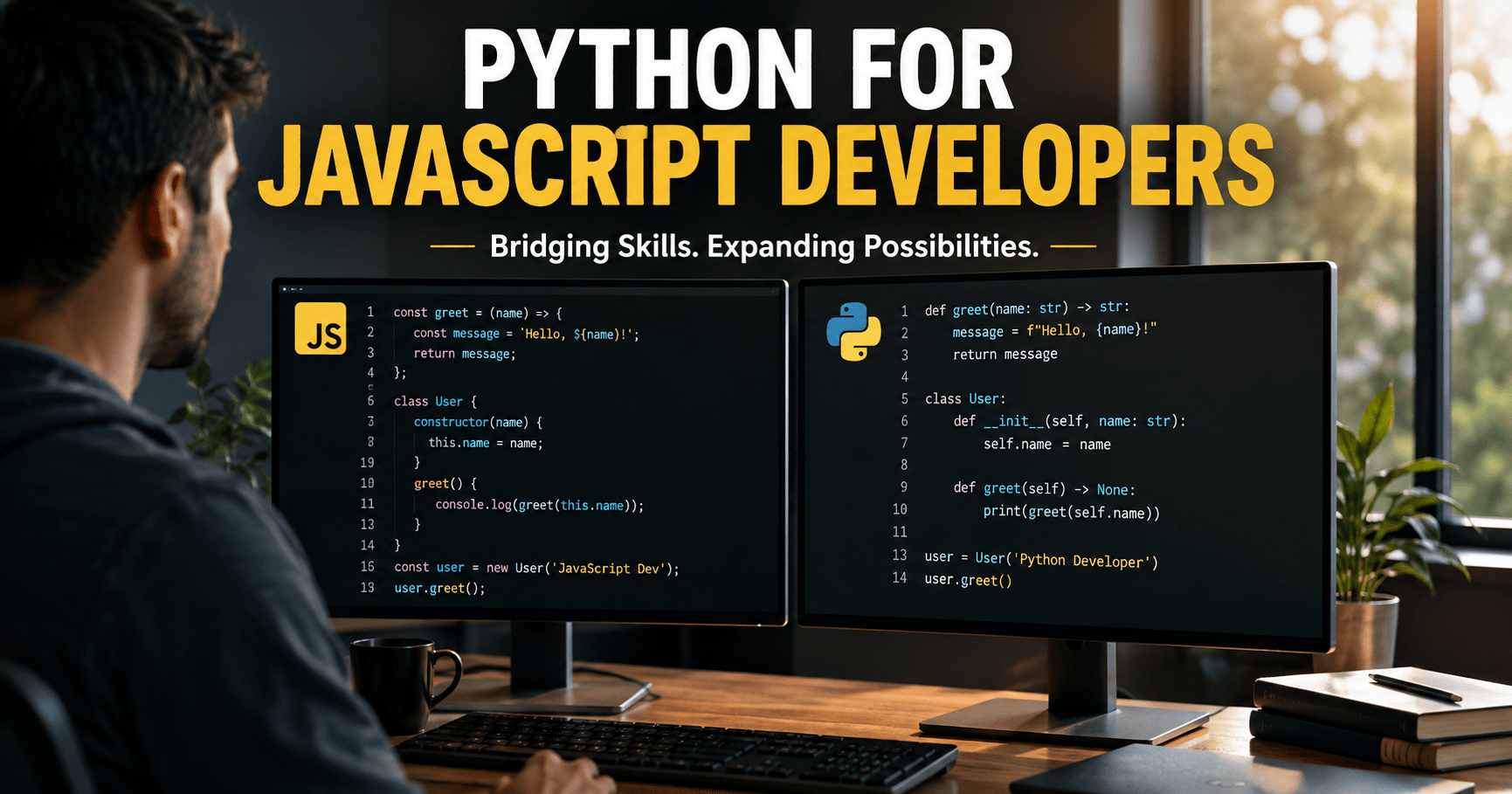 Python for JavaScript developers dual-monitor coding setup with JS and Python code