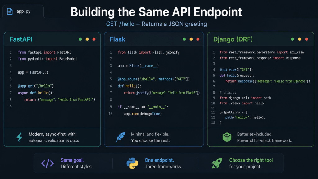 Python Frameworks: 3 Best Picks vs Node.js 4 Code editor showing a Python frameworks API endpoint example
