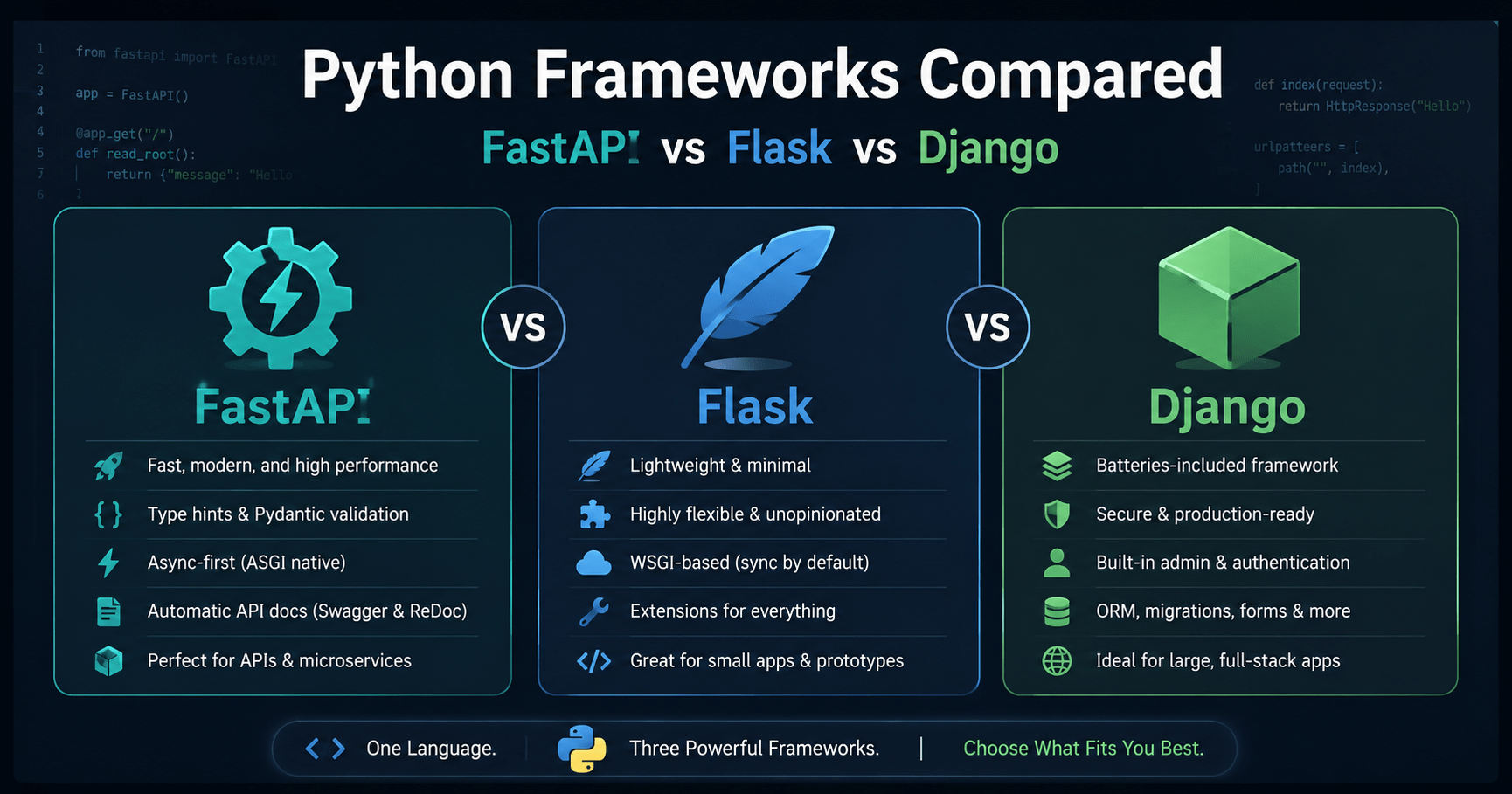 Python Frameworks: 3 Best Picks vs Node.js 1 Comparison chart of Python frameworks FastAPI, Flask, and Django