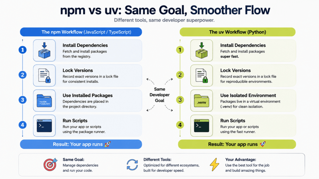 Python for JavaScript developers comparing npm and uv package manager workflow