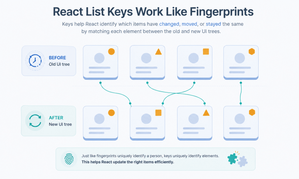 React List Keys: 5 Critical Rules to Avoid UI Bugs 3 React list keys matching old and new list items like fingerprints
