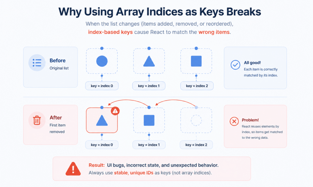 React List Keys: 5 Critical Rules to Avoid UI Bugs 4 React list keys anti-pattern showing index-based keys breaking on reorder