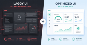 Split-screen showing laggy vs smooth React UI performance optimization