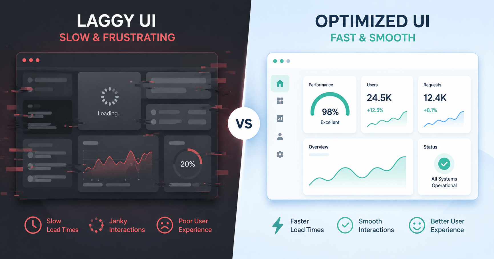 Split-screen showing laggy vs smooth React UI performance optimization