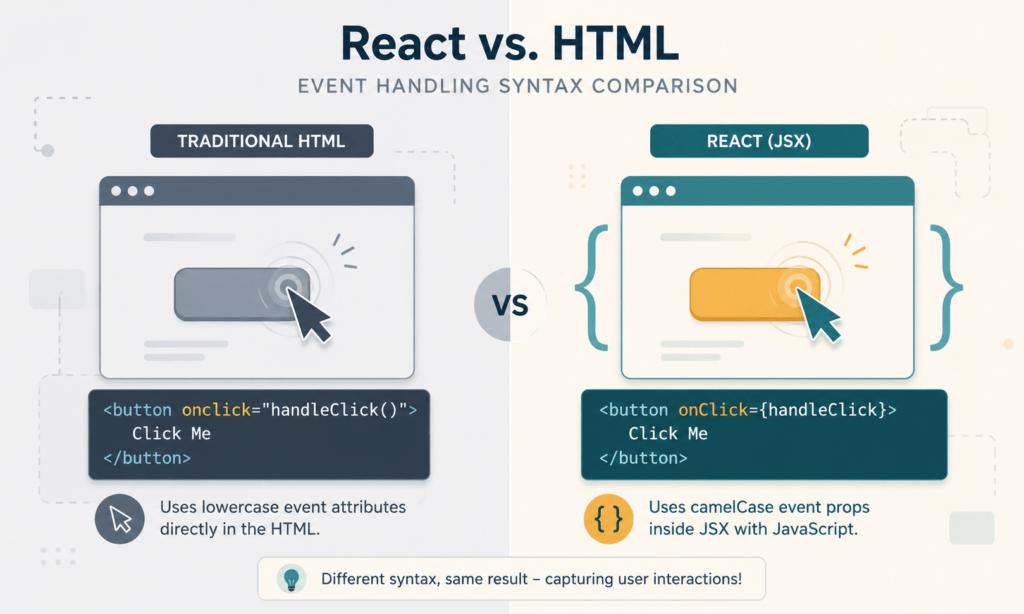 Event Handling in React: 6 Essential Tips for Beginners 3 Event handling in React compared to traditional HTML syntax
