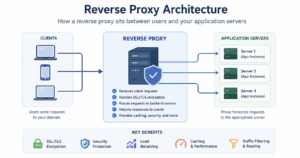 Reverse proxy diagram showing traffic routed from users to backend servers