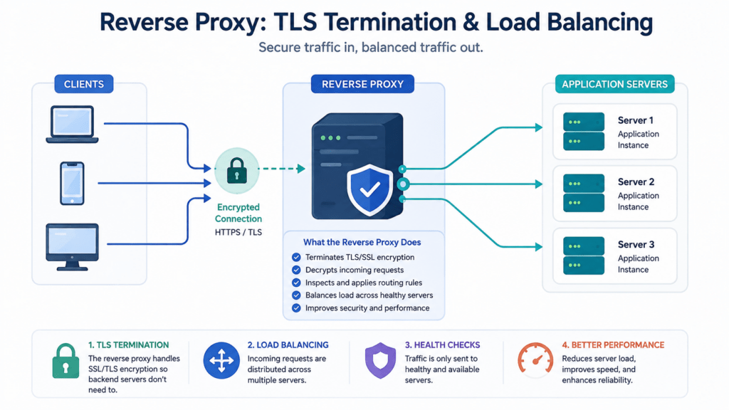 Reverse Proxies & Edge Security Nginx vs. Caddy vs. Pingora (Rust) Explained 3 Reverse proxy distributing encrypted traffic across multiple servers