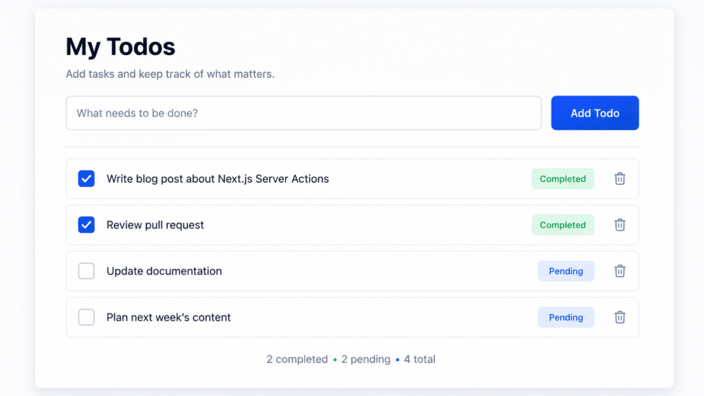 Screenshot-style mockup of a todo list UI built with a Next.js Server Action