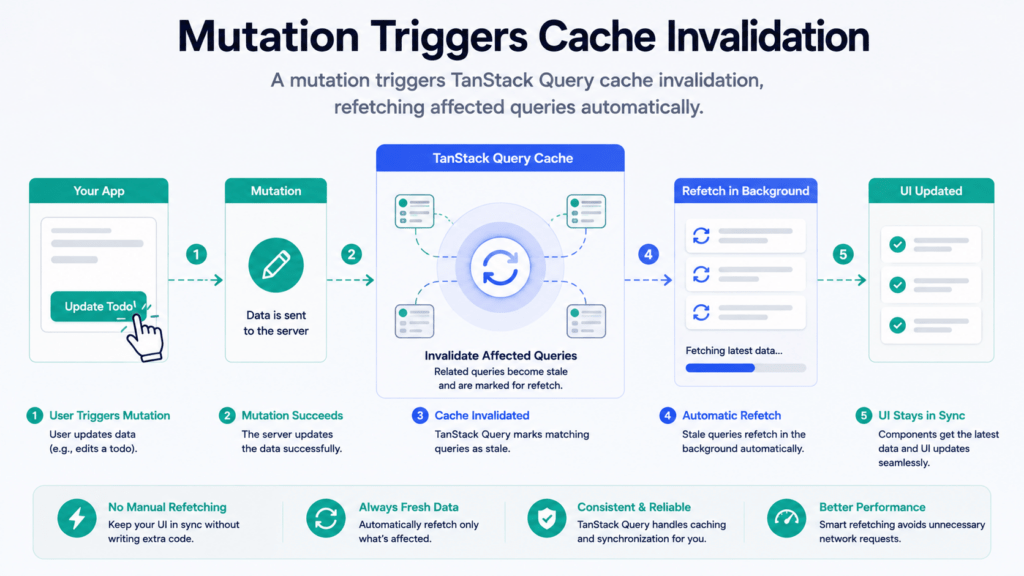 Cache Invalidation, Refetching Strategies & Stale Times 4 TanStack Query cache invalidation triggered by a mutation diagram