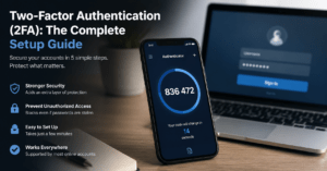 Phone showing a rotating code for two factor authentication setup next to a laptop login screen