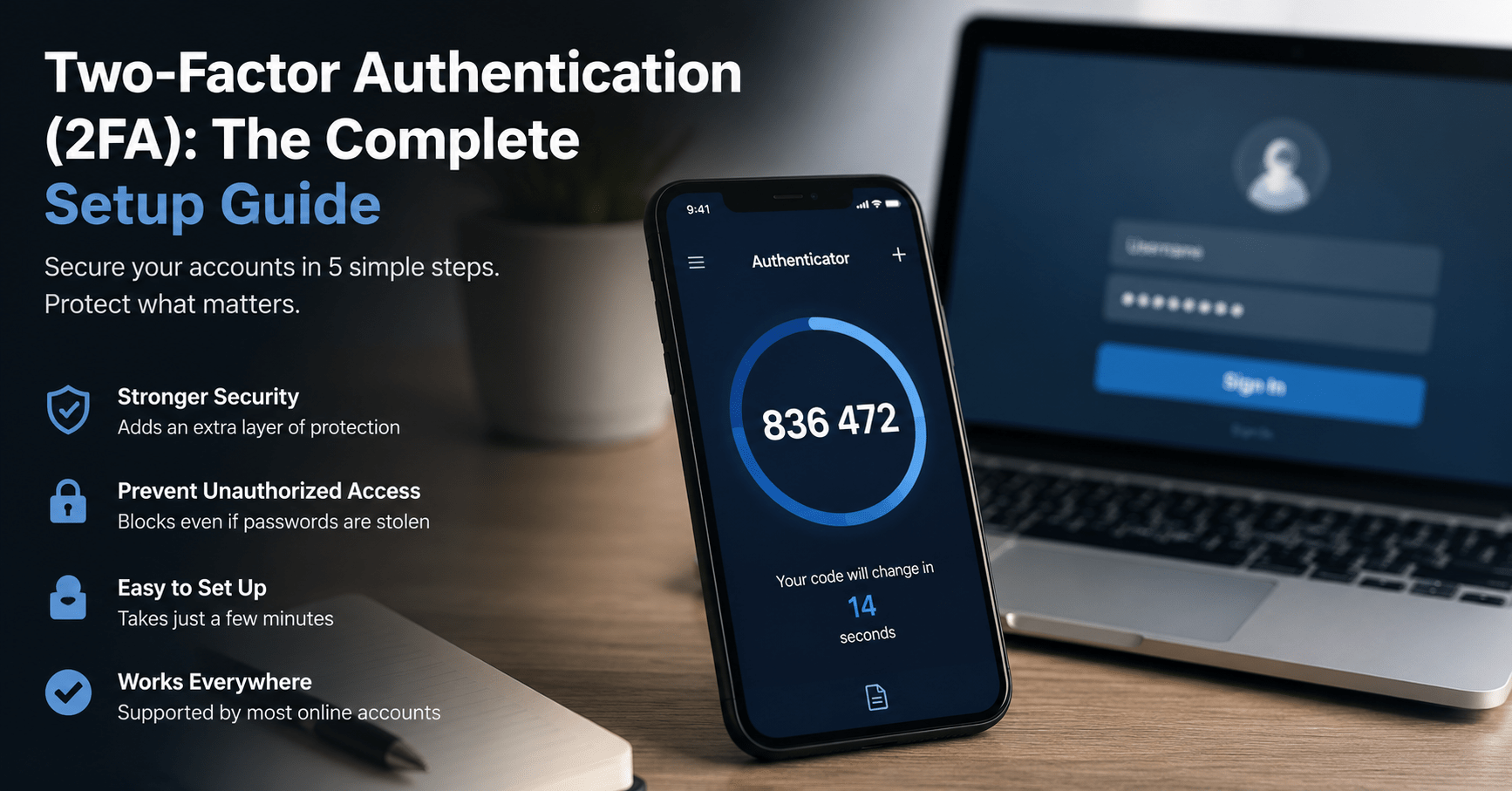 How to Set Up Two Factor Authentication: 5 Easy Steps 1 Phone showing a rotating code for two factor authentication setup next to a laptop login screen